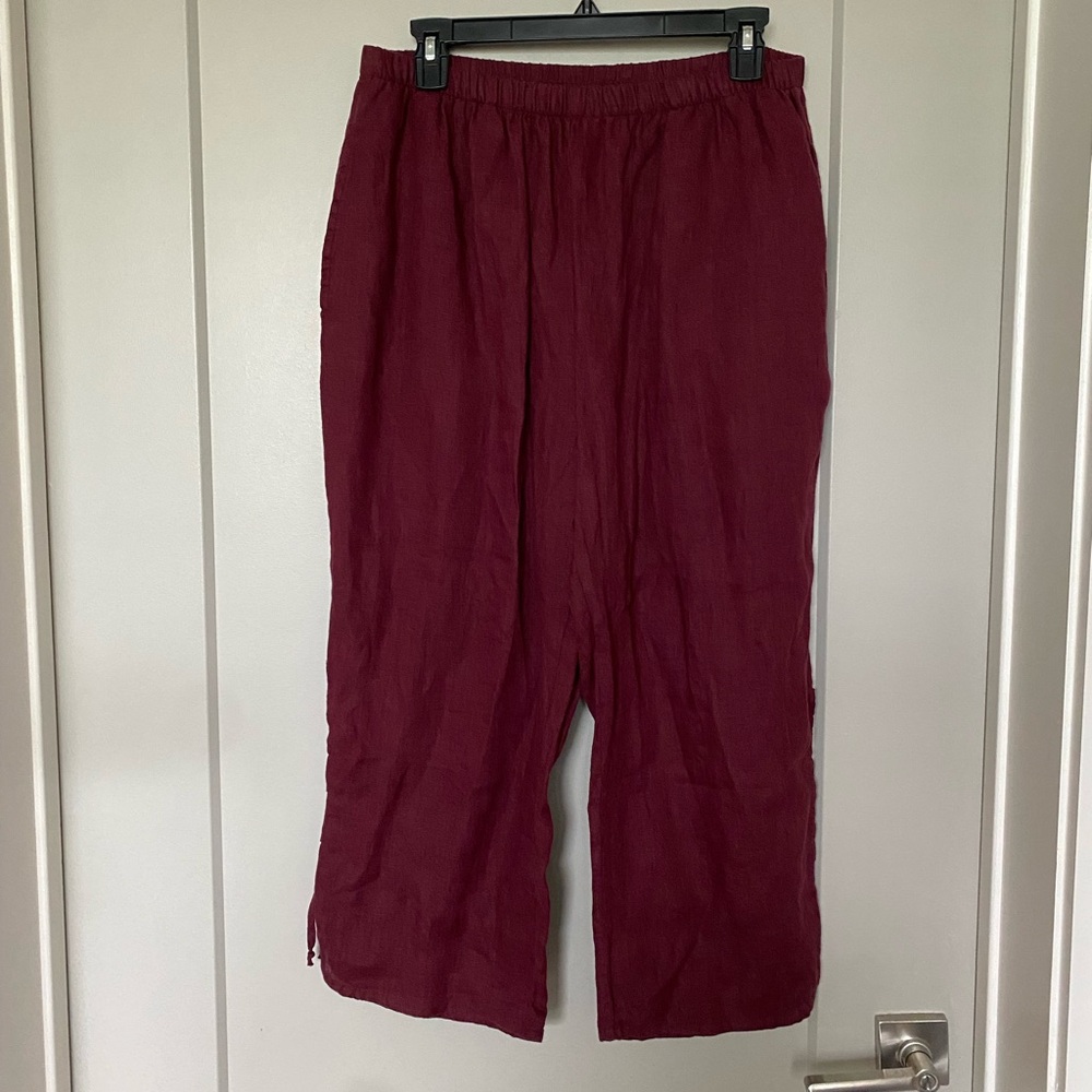 FLAX 100% linen elastic wide leg flood pants maroon burgundy medium
